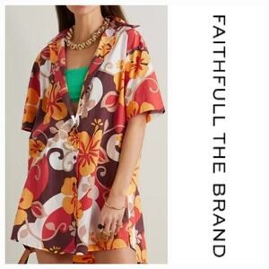 NWT Faithfull the Brand Tropicana Floral Print Shirt Dress Sz. 4 [S] Brown White